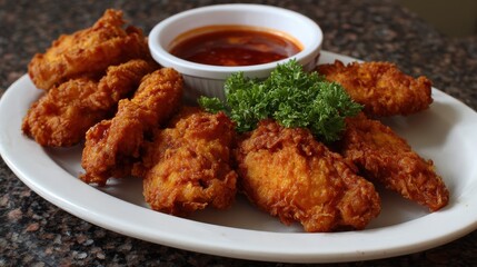 Fototapeta premium Plate of golden fried chicken wings with a side of dipping sauce and parsley.