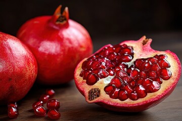Red pomegranate cut in half juicy superfood