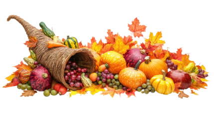 Cornucopia overflowing with autumn harvest fruits and vegetables isolated on transparent background