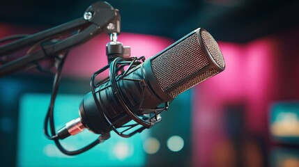 Professional microphone set up for recording or broadcasting. Dark microphone on a stand with a pink and blue background. Modern audio equipment.