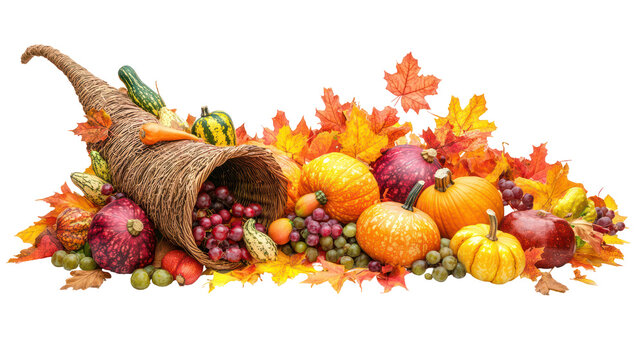 Cornucopia overflowing with autumn harvest fruits and vegetables isolated on transparent background