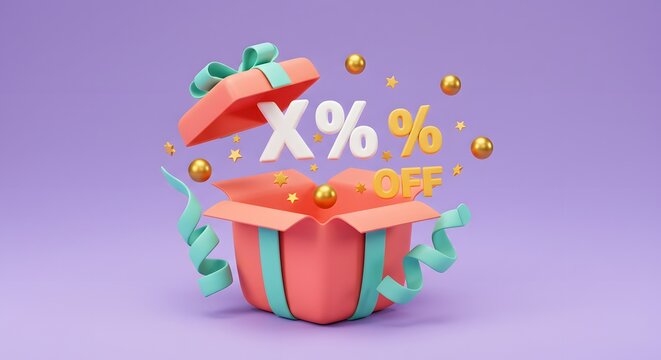 Open gift box with a placeholder "X% OFF" text exploding out of it. Generic sale promotion, customizable discount, or surprise offer reveal. Coral and teal box with percentage text and floating stars