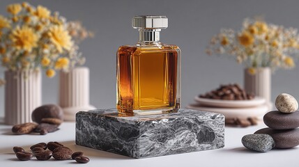 Elegant fragrance bottle on marble base with natural elements, creating a sensory experience of aroma and texture.