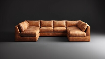 Contemporary tan leather U-shaped sectional sofa. Comfortable living room furniture with a minimalistic design against a neutral background.