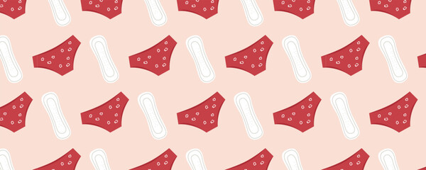 Women’s period seamless pattern with illustrations of pads and panties in a pink palette. Women’s health and gynecology theme. Suitable for marketing materials, banners, and posters