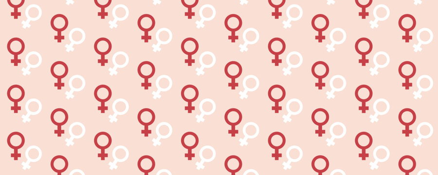Seamless pattern featuring a female gender symbol illustration. Women’s rights, feminism, and health theme for banners, posters, and marketing materials