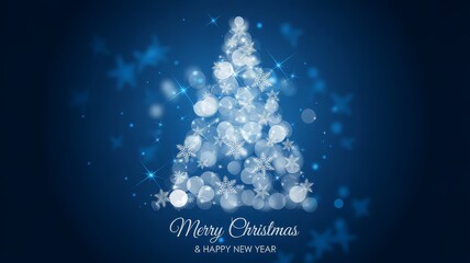 Magical navy blue christmas card with glowing snowflake tree bokeh sparkles and elegant cursive festive greeting