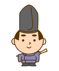 左手の扇子で指さしをする平安時代の貴族の男性イラスト　かわいい和風キャラクター素材