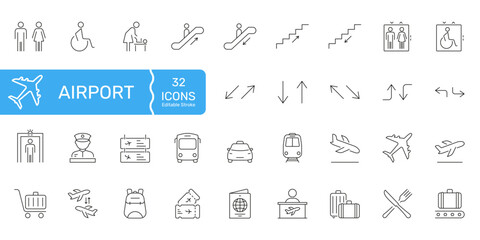 Airport Facilities And Navigation Line Icon Set. Travel, Security, And Transportation Outline Symbol. Includes Accessibility, Directions, And Services. Editable Stroke. Isolated Vector Illustration