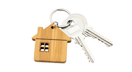 Isolated House-shaped key chain with keys for real estate or home security concepts