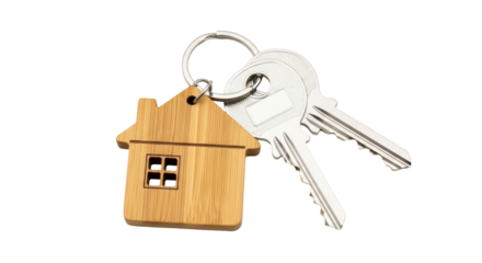 Isolated House-shaped key chain with keys for real estate or home security concepts