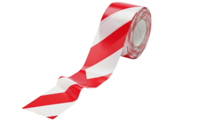 Isolated roll of red and white barrier tape for safety and caution marking in industry