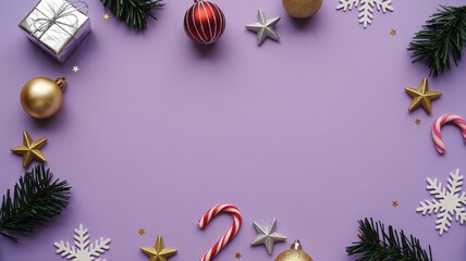 Christmas flat lay with silver gift striped ornaments candy cane gold stars on purple background framed by pine branches