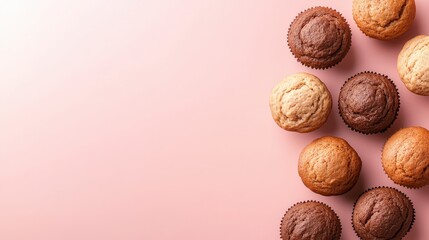 Assorted muffins are arranged on a pink surface. Gluten-free and low-carb desserts in paper liners of different colors and flavors are presented.