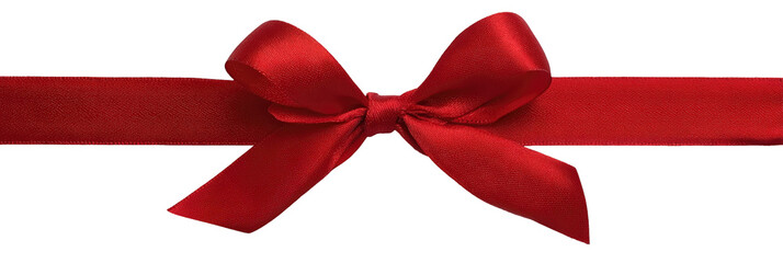 Red satin bow on ribbon with central knot on transparent background