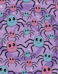 Naklejka premium Cute cartoon spider pattern on purple background