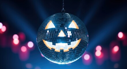 Obraz premium Halloween disco ball with a carved jackolantern face, glowing in the dark