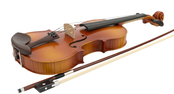 Isolated musical instrument depicting a violin with bow, a stringed instrument for music art