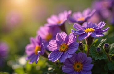 Closeup photo of blooming purple flowers in a garden. Petals have sunlight on them. Green leaves and soft background add to scene. The image shows beauty of nature in summer.