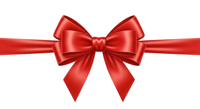 Isolated holiday red bow with ribbon, tied in the center, festive decoration element