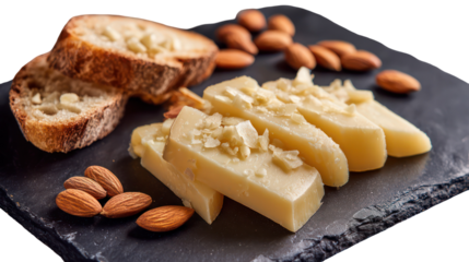 Artisan cheese slices with toasted almonds and crusty bread