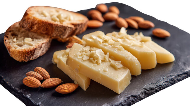 Artisan cheese slices with toasted almonds and crusty bread
