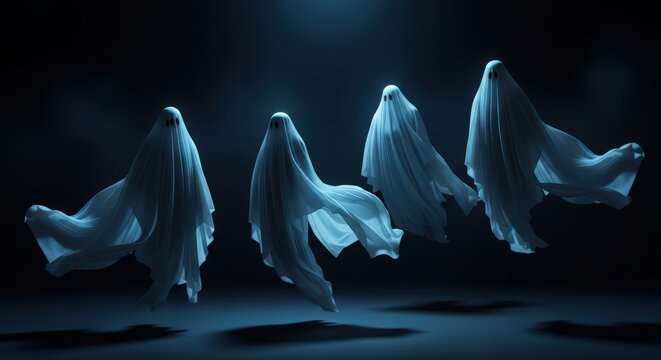 Four ghostly figures draped in white fabric drift eerily in a dark, atmospheric setting with blue lighting