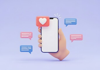 Social media interaction and mobile application concept. User receiving love and message notifications on a phone. Stylized hand holding a smartphone with floating chat and heart bubbles.