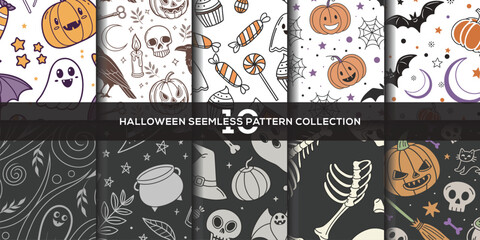 Halloween seamless pattern collection spooky pumpkins bats ghosts candy skull spider web vector design