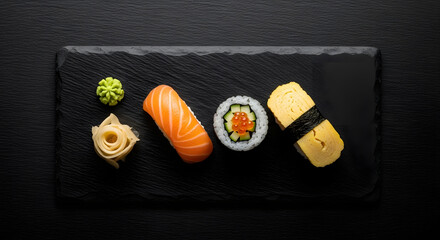 Delicious sushi platter with salmon nigiri and tamagoyaki