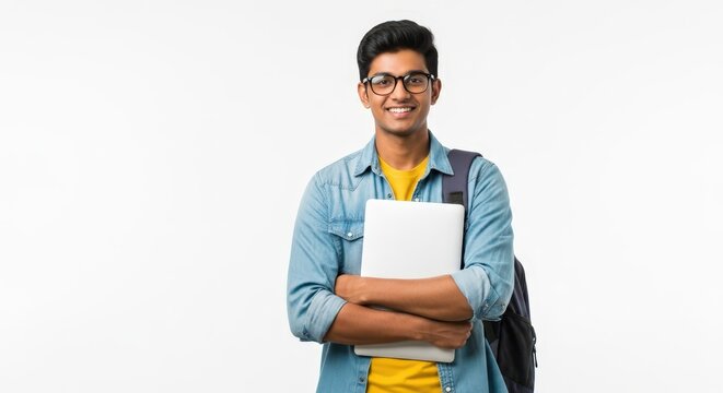 A smiling young indian student with glasses holds a laptop and backpack, isolated on white background