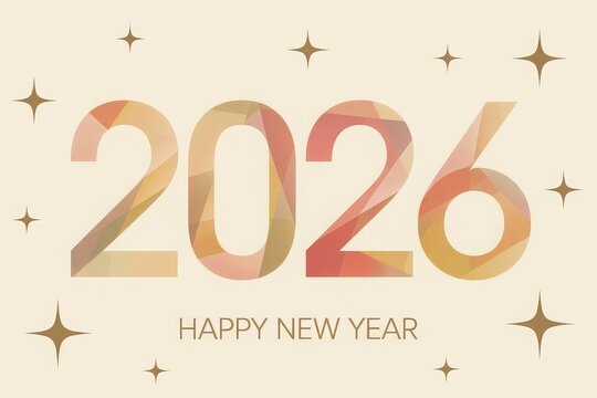 Modern 2026 new year card with geometric watercolor gradient numbers gold foil text and subtle star accents on cream background