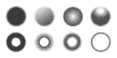 Pixel circles with halftone effect. Bitmap aesthetic round shapes for trendy 2000s design. Digital abstract radial figures. Vector geometric graphic with dither gradation on white background