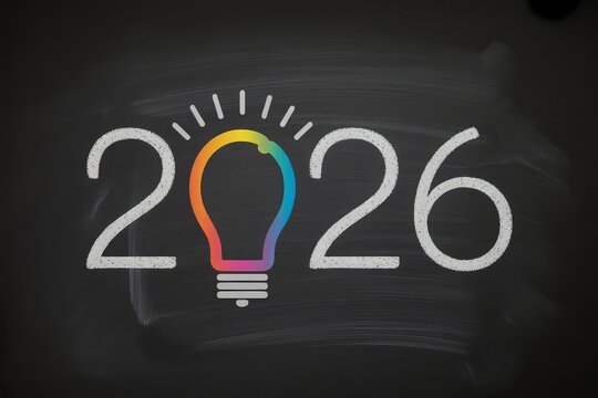 Modern chalkboard 2026 new year card with white chalk numerals rainbow light bulb zero and radiant dots
