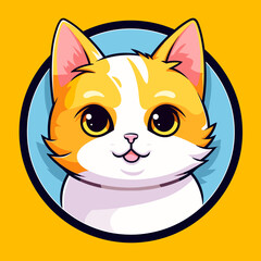 A cute orange and white cat avatar with big eyes, smile, in blue circle on yellow background. Ideal for apps, stickers, or fun designs