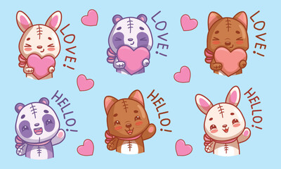 Cute kawaii animals with hearts and greetings - adorable characters that say "hello" and "love you"