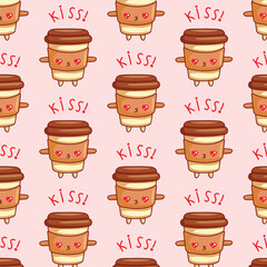 Seamless pattern with kawaii coffee character, vector illustration for coffee lovers