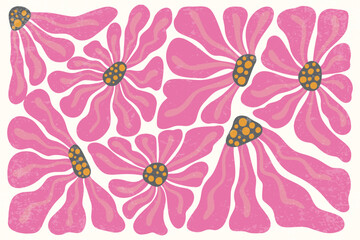Abstract flower pattern. Retro organic floral vector background for groovy poster design. Vintage pink doodle plants.