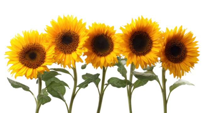 Five bright yellow sunflowers against a dark background
