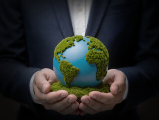 Protecting the Planet with Sustainable Business Values, Business hands gently holding eco-style globe in green concept