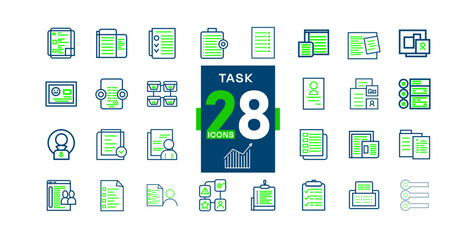 Collection of twenty eight task icons with blue and green outlines on white background silhouette