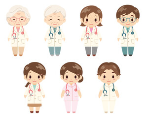  医師と看護師の人物セット／若い男女、高齢男女の立ち姿のベクター素材