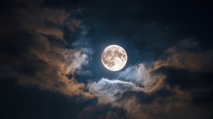 Fototapeta premium Full moon shining brightly through the clouds in the dark night sky.