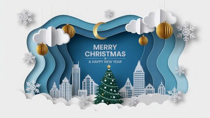 Modern paper cut out Christmas card with blue sky clouds cityscape gold ornaments and festive greeting