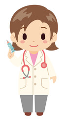 若い女性医師が注射器を持っているシンプルで可愛らしいベクターイラストアイコン