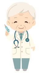 高齢ベテラン男性医師が注射器を持っているシンプルで可愛らしいベクターイラストアイコン