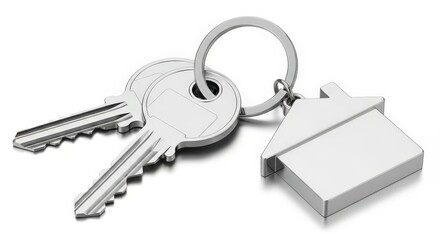 A set of silver house keys on a keychain, symbolizing home ownership and new beginnings, isolated on white background