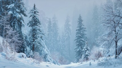 Naklejka premium Snowy forest landscape with tall pine trees covered in snow and ice.