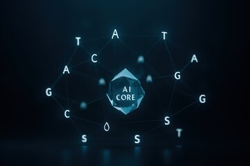 Futuristic AI core concept with glowing DNA nucleotides for technology innovation and scientific research, symbolizing intelligence, digital advancement, and genetic engineering