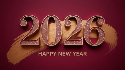 Opulent 2026 new year card with rose gold serif numbers gold brushstroke cream text and burgundy velvet backdrop